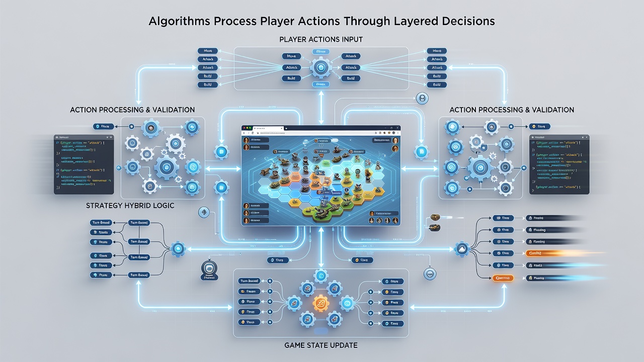 Flowchart depicting resource allocation pathways through decision tree layers for units, currency, and terrain effects in synchronized multiplayer sessions