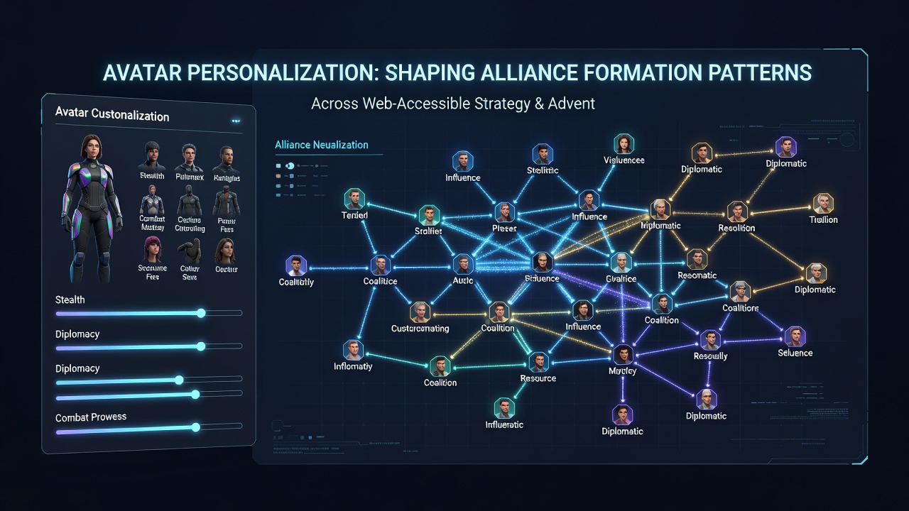 Group of customized avatars coordinating in a web strategy adventure game, highlighting visual distinctions that aid alliance recognition