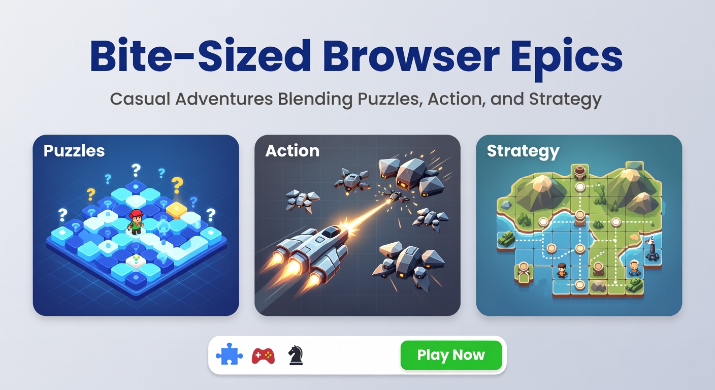 Vibrant screenshot from a browser-based game showing a hero navigating puzzle platforms amid fast-paced action and strategic enemy deployments