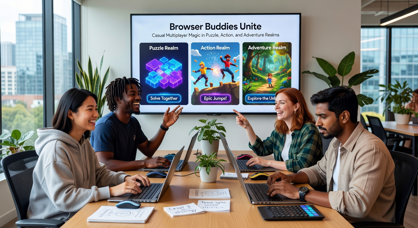 Dynamic screenshot of browser players in an action-packed multiplayer battle, dodging obstacles and teaming up mid-chaos