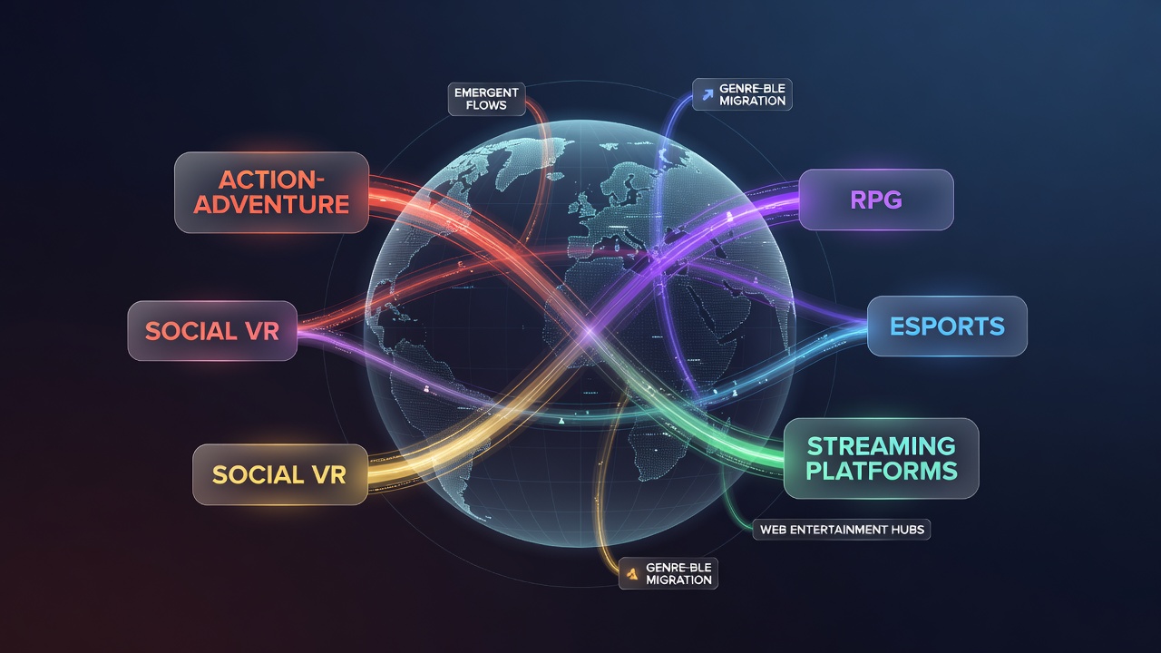 Heatmap diagram illustrating player density shifts across interconnected web game platforms during summer 2026
