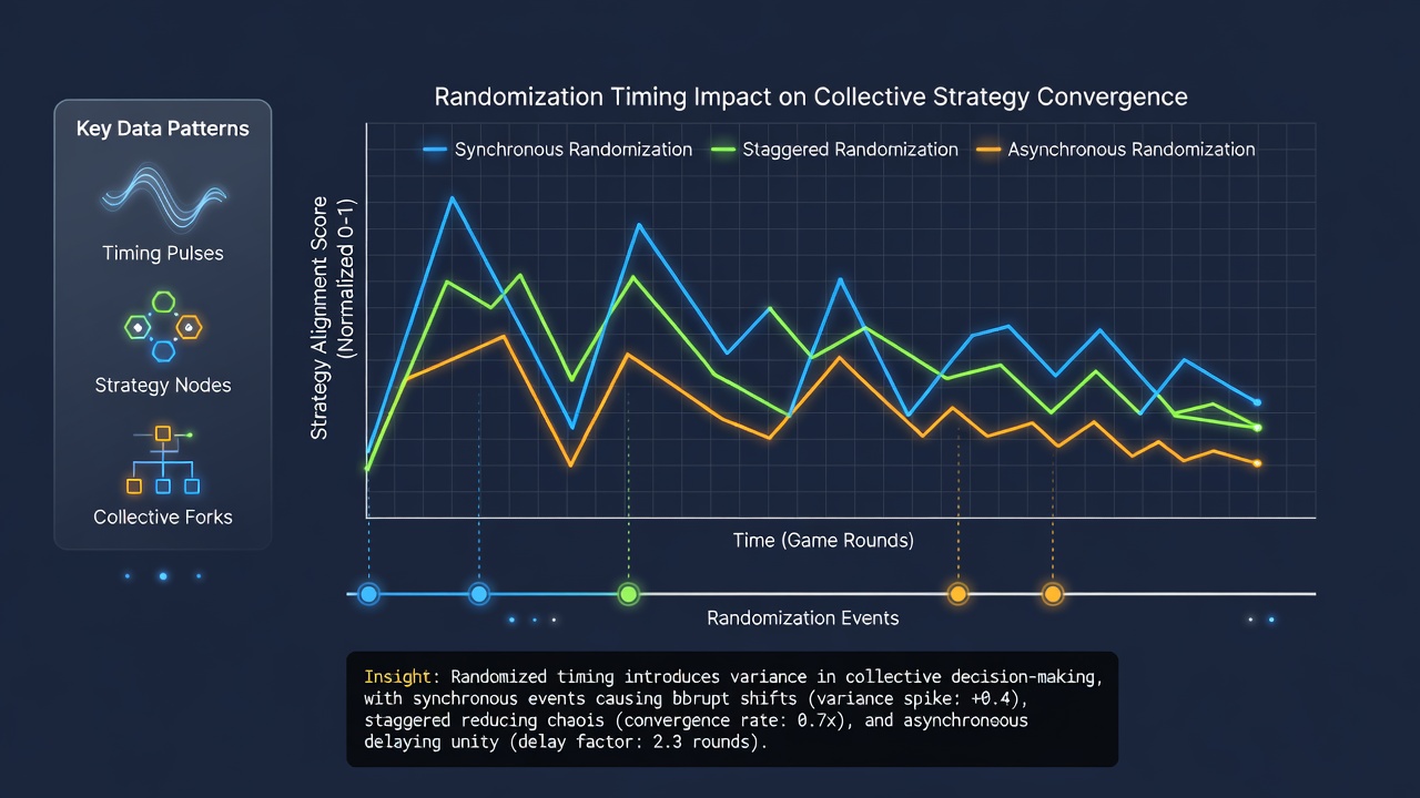 Charts and heatmaps illustrating how randomization timing shifts collective strategies among players in web-based multiplayer hybrids
