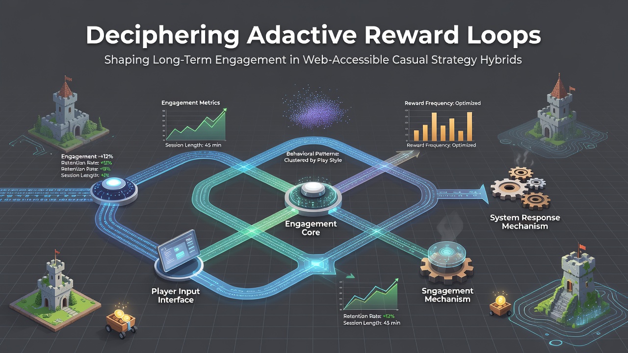 Visual representation of reward loop mechanics in casual strategy browser games showing progression paths and engagement metrics