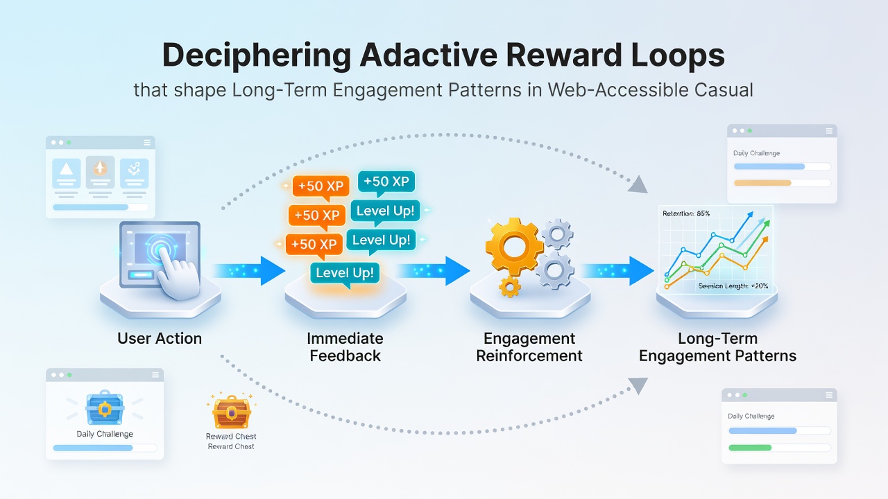Diagram illustrating long-term player retention curves influenced by adaptive rewards in strategy puzzle hybrids