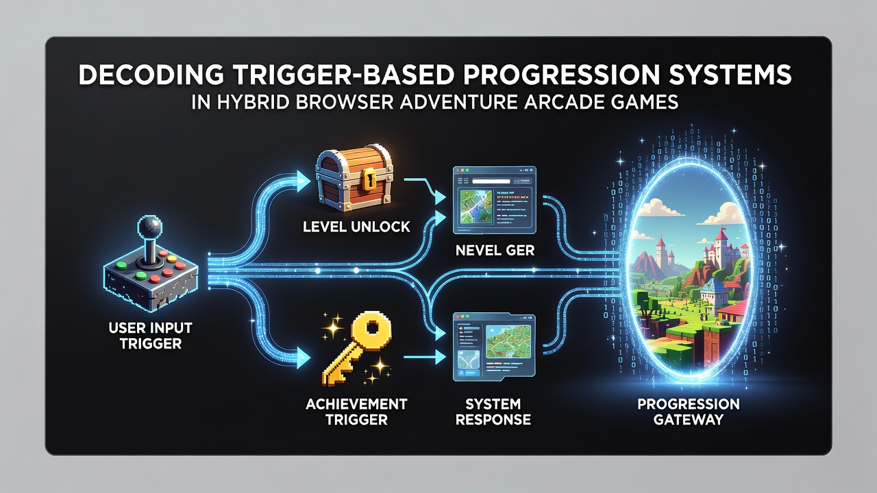 Illustration of trigger mechanisms in browser-based adventure arcade hybrids showing event flows and player pathways