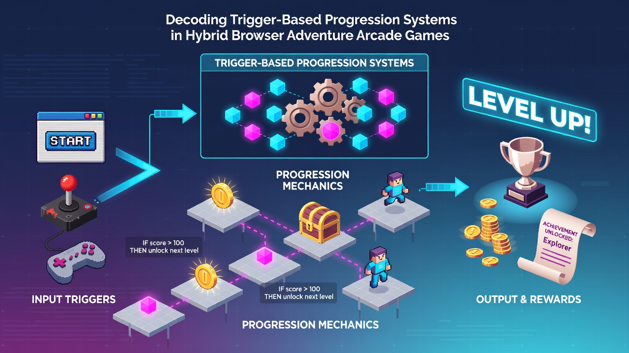 Diagram depicting layered trigger events connecting arcade sequences and adventure exploration in web games