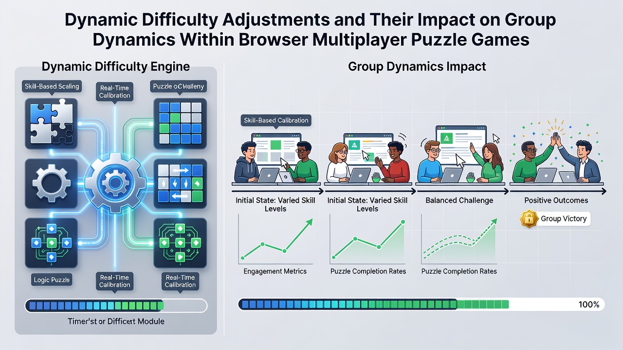 Group of browser game players reviewing shared progress metrics after a dynamic difficulty shift in a puzzle-action match