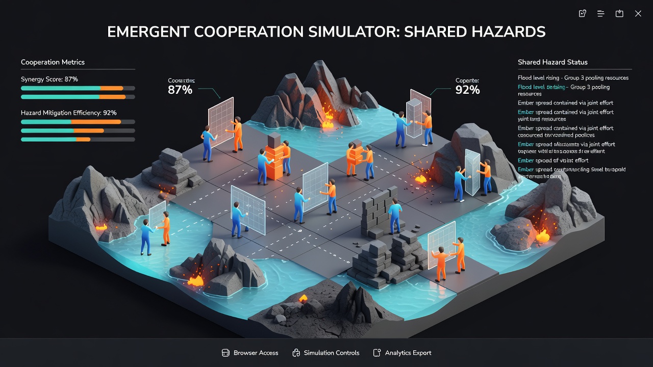 Group of browser game avatars constructing a joint barrier against an advancing environmental hazard
