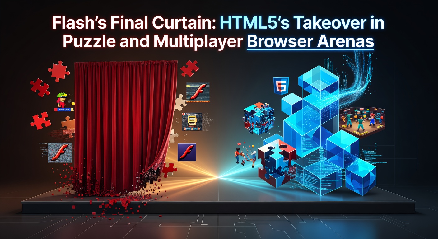 Adobe Flash logo fading into an HTML5 canvas with puzzle pieces and multiplayer icons emerging