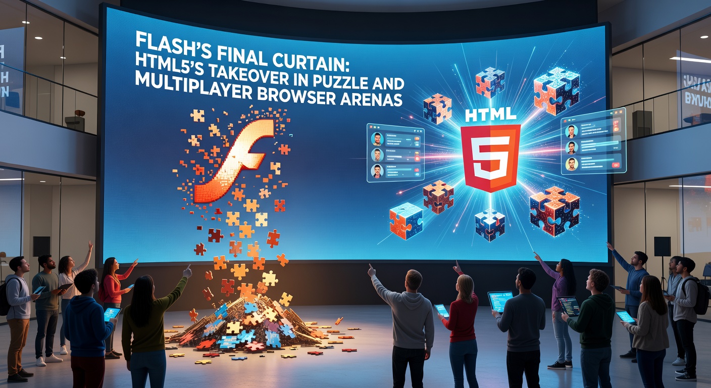 Split-screen comparison of a Flash-era puzzle game versus a modern HTML5 multiplayer arena with vibrant graphics and real-time players