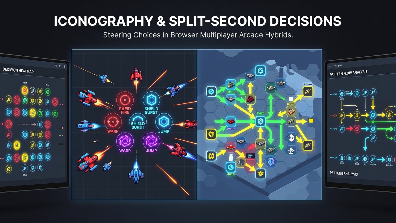 Close-up view of iconography elements guiding resource allocation and unit movement in a strategy arcade hybrid
