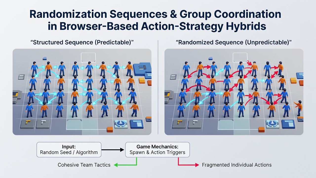 Group of players coordinating strategies around randomized events in a browser casual game session