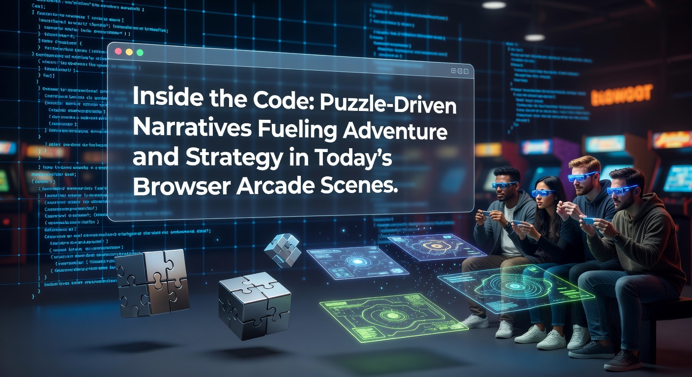 Browser arcade scene with layered puzzle interfaces integrated into adventure maps and strategy grids