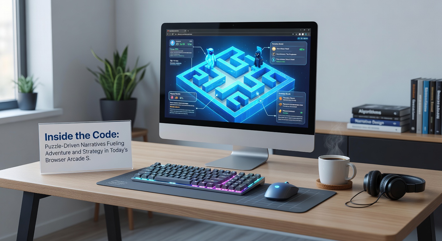 Strategic puzzle grid overlaid on an adventure narrative scene with character progression elements