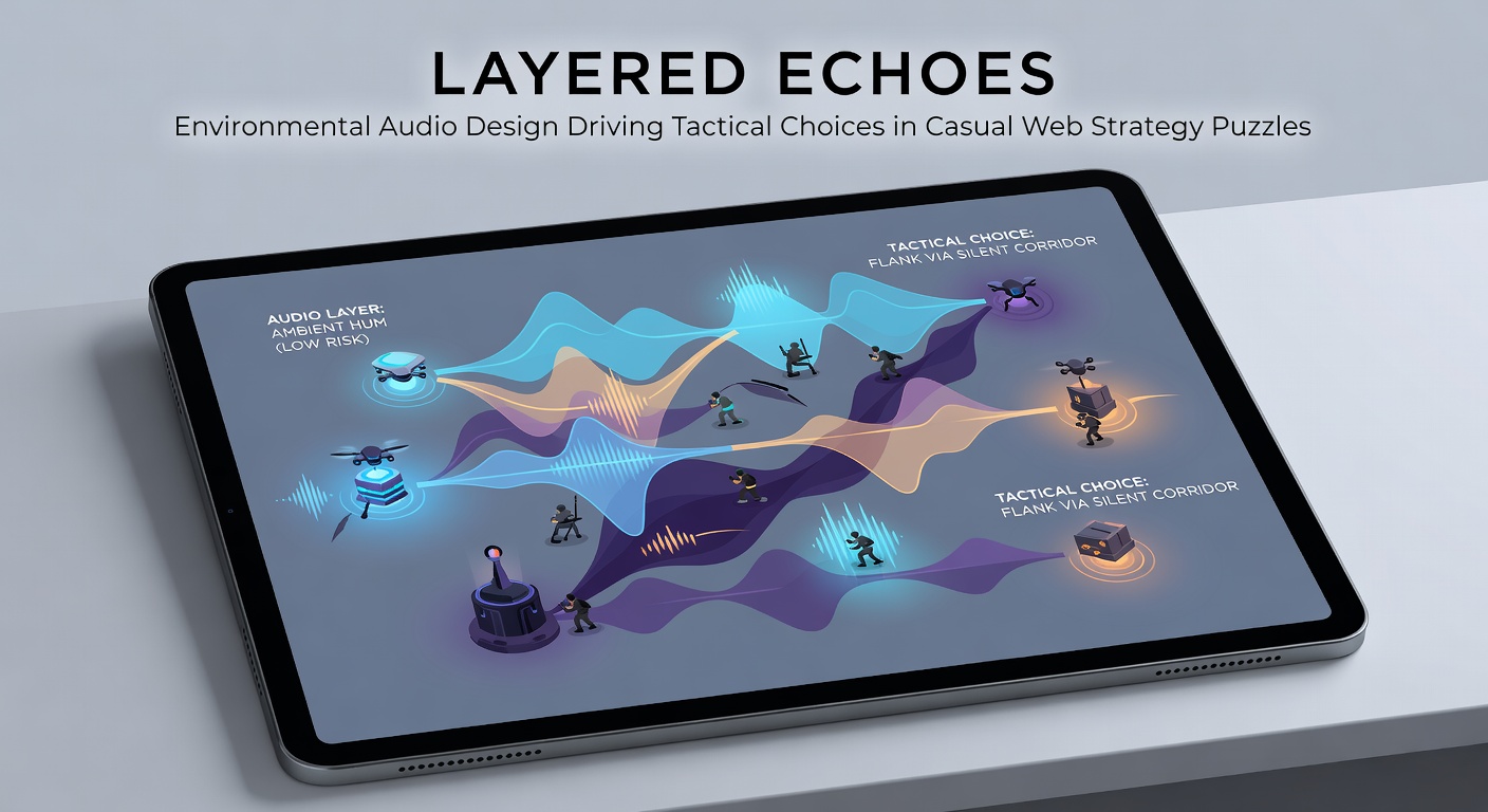 Layered environmental audio cues integrated into a casual web strategy puzzle interface showing sound wave visualizations and game board elements