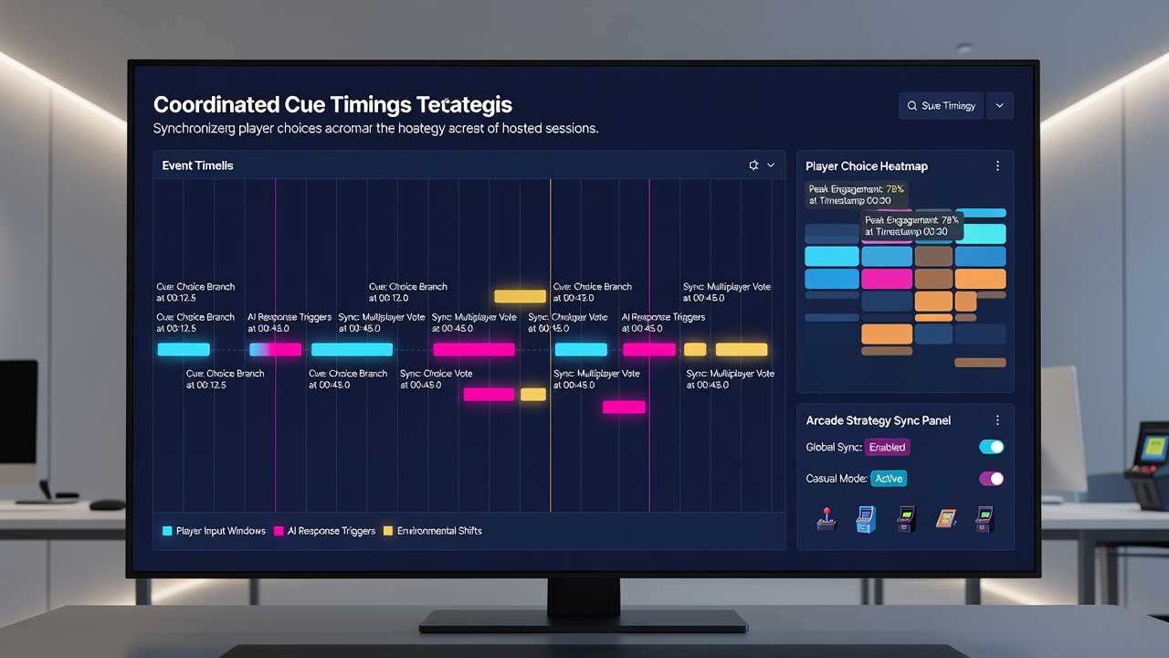 Diagram illustrating cue timing sequences and player decision alignment in a web multiplayer arcade strategy blend