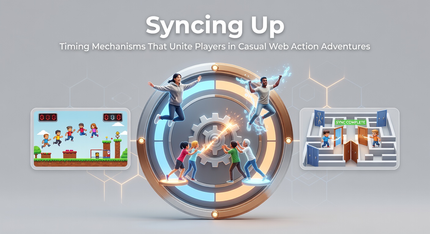 Players coordinating timed actions in a casual web action adventure game interface showing synchronized timers and character positions