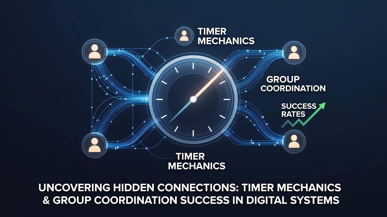 Group coordination visualization in a blended genre digital environment highlighting timer synchronization points and success rate indicators